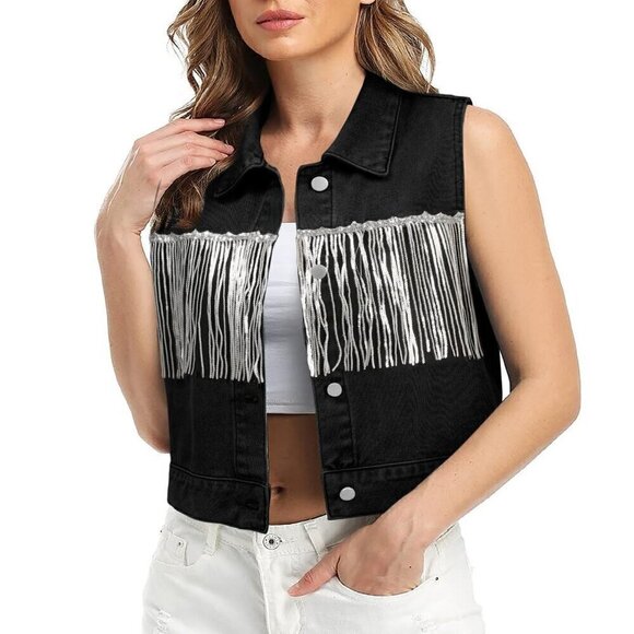 Glitter Fringe Vest Top Button Up Sparkle Sleeveless Jacket Sexy Medium - Picture 1 of 1